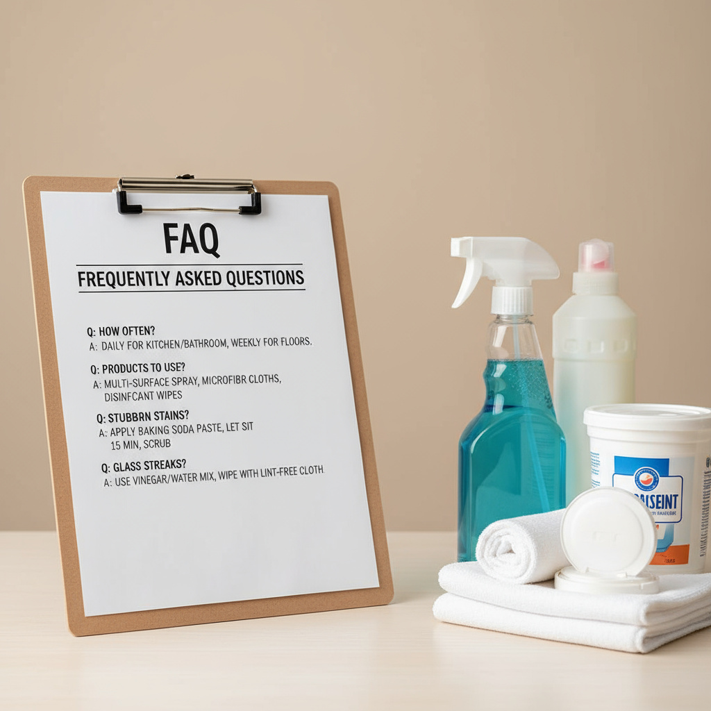 FAQ document on a clipboard beside cleaning supplies