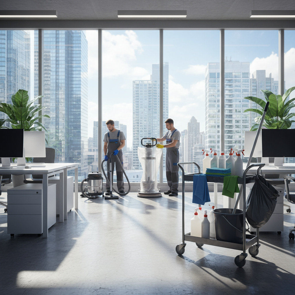 Professional cleaning team preparing equipment in a bright office interior