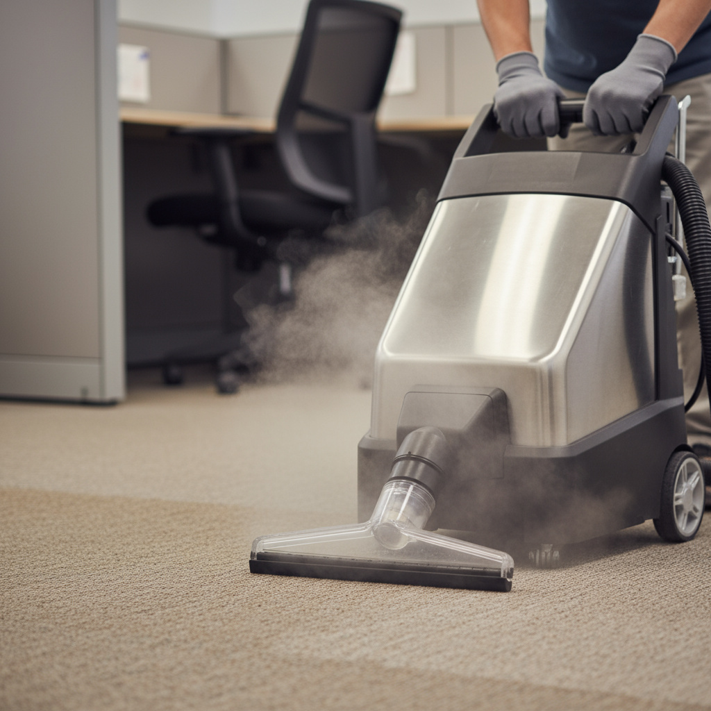 Close-up of hands operating a carpet steam cleaning machine