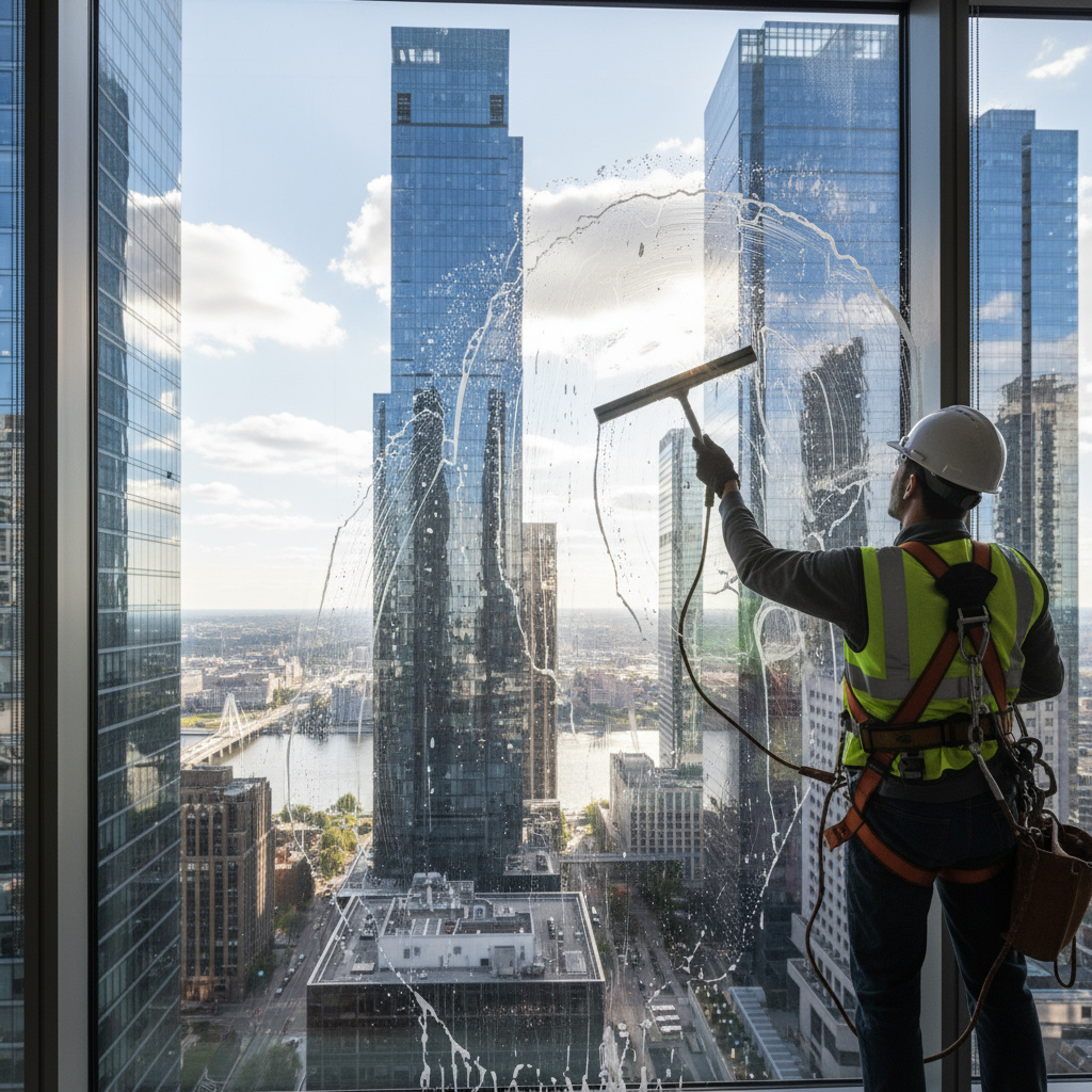 Cleaner wiping a large office window with a squeegee